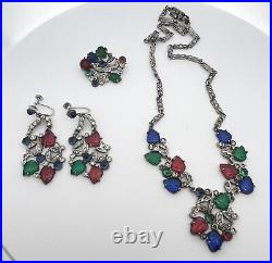 H&H Art Deco Sterling Silver Tutti Frutti Necklace, Earring, Pin Set c. 1920's