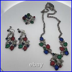 H&H Art Deco Sterling Silver Tutti Frutti Necklace, Earring, Pin Set c. 1920's