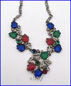 H&H Art Deco Sterling Silver Tutti Frutti Necklace, Earring, Pin Set c. 1920's