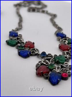 H&H Art Deco Sterling Silver Tutti Frutti Necklace, Earring, Pin Set c. 1920's