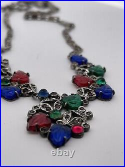 H&H Art Deco Sterling Silver Tutti Frutti Necklace, Earring, Pin Set c. 1920's