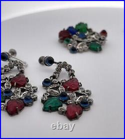 H&H Art Deco Sterling Silver Tutti Frutti Necklace, Earring, Pin Set c. 1920's