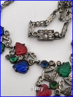 H&H Art Deco Sterling Silver Tutti Frutti Necklace, Earring, Pin Set c. 1920's