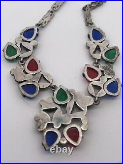 H&H Art Deco Sterling Silver Tutti Frutti Necklace, Earring, Pin Set c. 1920's