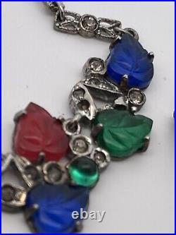 H&H Art Deco Sterling Silver Tutti Frutti Necklace, Earring, Pin Set c. 1920's