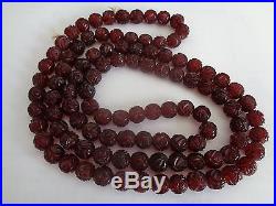 HUGE 44 inch ART DECO CHERRY AMBER HAND CARVED ROSE BEAD NECKLACE 78.36 grams
