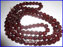 HUGE 44 inch ART DECO CHERRY AMBER HAND CARVED ROSE BEAD NECKLACE 78.36 grams