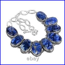 Halloween Sale Sodalite Stone 925 Silver Chain Bezel Art Deco Vintage Necklace