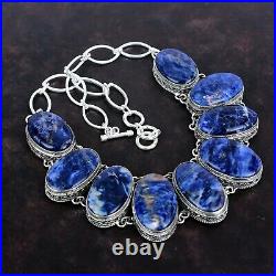 Halloween Sale Sodalite Stone 925 Silver Chain Bezel Art Deco Vintage Necklace