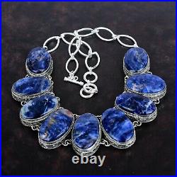 Halloween Sale Sodalite Stone 925 Silver Chain Bezel Art Deco Vintage Necklace