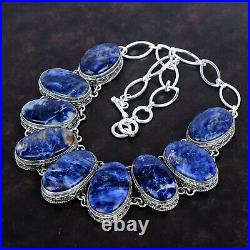 Halloween Sale Sodalite Stone 925 Silver Chain Bezel Art Deco Vintage Necklace