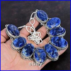 Halloween Sale Sodalite Stone 925 Silver Chain Bezel Art Deco Vintage Necklace