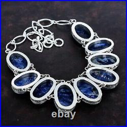 Halloween Sale Sodalite Stone 925 Silver Chain Bezel Art Deco Vintage Necklace