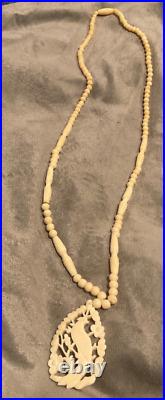 Hand carved art Deco Chinese Carved bovine Bone Beads Necklace pendant
