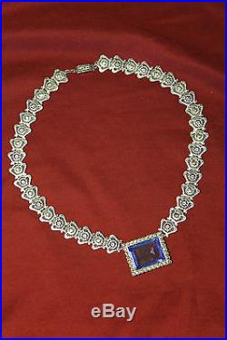 Heavy Art Deco Blue Czech Glass Rhodium Boock Chain Necklace with Rhinestones