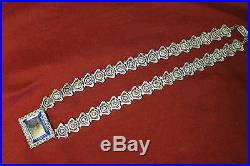 Heavy Art Deco Blue Czech Glass Rhodium Boock Chain Necklace with Rhinestones