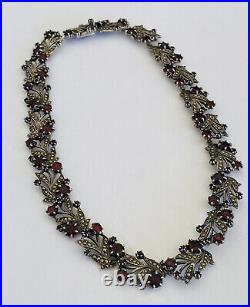 Heavy Vintage Victorian Art Deco Sterling Silver Garnet Marcasite Link Necklace