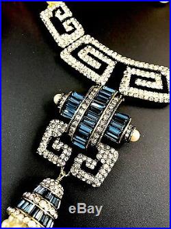 Heidi Daus Gigi Faux Pearl Necklace Sapphire Rhinestone Art Deco Tassel Pendant