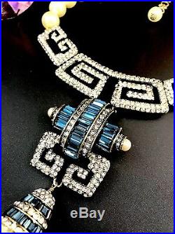 Heidi Daus Gigi Faux Pearl Necklace Sapphire Rhinestone Art Deco Tassel Pendant