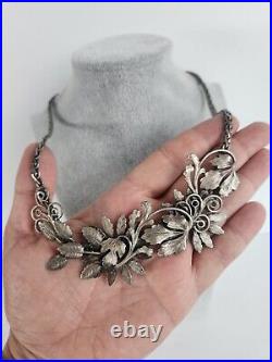 Htf Rare SURKESA Art Deco Bib Necklace 3D Lower Floral Silver Tone Chain Gothic