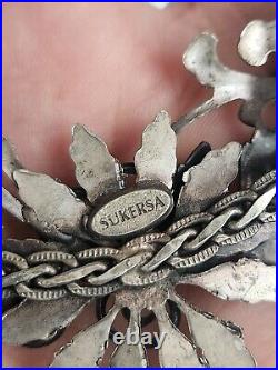 Htf Rare SURKESA Art Deco Bib Necklace 3D Lower Floral Silver Tone Chain Gothic