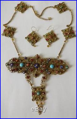 Huge bookpiece Art Deco Czech filigree necklace and earrings set