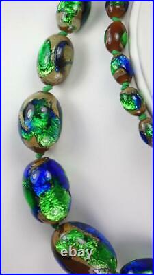 Intense Vintage Art Deco Czech Bohemian Peacock Foiled Glass Bead Necklace