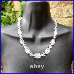 Intricately carved rock crystal art deco style bead necklace RG clasp Vintage