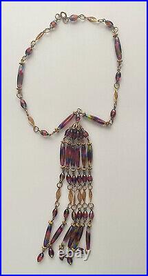 Iris Glass Necklace Art Deco Flapper Tassel Czech Filigree Gold Rare Vintage 16