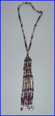 Iris Glass Necklace Art Deco Flapper Tassel Czech Filigree Gold Rare Vintage 16