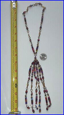 Iris Glass Necklace Art Deco Flapper Tassel Czech Filigree Gold Rare Vintage 16