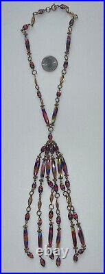 Iris Glass Necklace Art Deco Flapper Tassel Czech Filigree Gold Rare Vintage 16