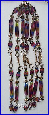 Iris Glass Necklace Art Deco Flapper Tassel Czech Filigree Gold Rare Vintage 16