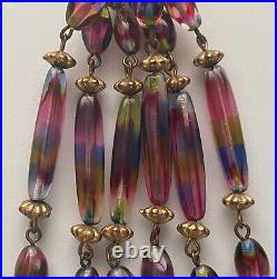 Iris Glass Necklace Art Deco Flapper Tassel Czech Filigree Gold Rare Vintage 16