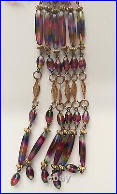 Iris Glass Necklace Art Deco Flapper Tassel Czech Filigree Gold Rare Vintage 16