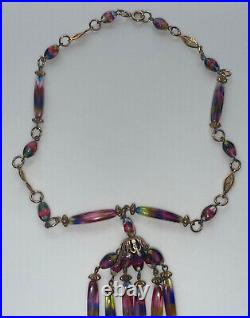 Iris Glass Necklace Art Deco Flapper Tassel Czech Filigree Gold Rare Vintage 16