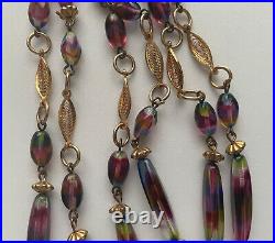 Iris Glass Necklace Art Deco Flapper Tassel Czech Filigree Gold Rare Vintage 16