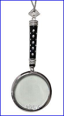 Joan Rivers Magnifying Glass Pendant Necklace Crystal Silver Tone ART DECO Style