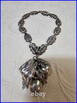 Joseff Hollywood Art Deco Art Nouveau Silvertone Grape Pendant/Pin Necklace-READ