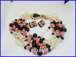 Kenneth Jay Lane Art Deco Faux Coral & Pearl Beaded Torsade Chunky Necklace