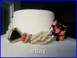 Kenneth Jay Lane Art Deco Faux Coral & Pearl Beaded Torsade Chunky Necklace