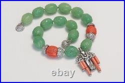 Kenneth Jay Lane KJL Art Deco Style Faux Jade Coral Carved Resin Beads Necklace