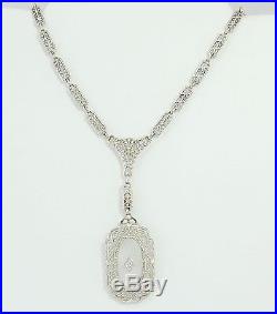 Ladies 14kt Solid White Gold Vintage Art Deco Rock Crystal Diamond Necklace Nr