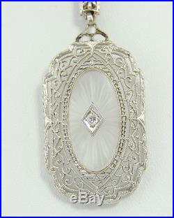 Ladies 14kt Solid White Gold Vintage Art Deco Rock Crystal Diamond Necklace Nr