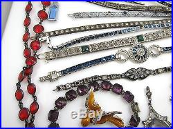 Large Lot Of Art Deco Paste Sterling Silver Bracelet Necklace Pendant Antique
