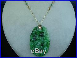 Lovely Antique Art Deco Chinese Apple Green Jade & 14k Gold Pendant Necklace