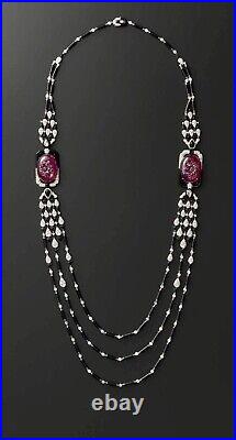 Lab Burma Ruby Carved Art Deco Necklace 925 Fine Silver Handmade Auction Jewelry