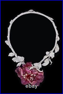 Lab Burma Ruby Floral Design Necklace 925 Fine Silver Art Deco Luxurious Jewelry