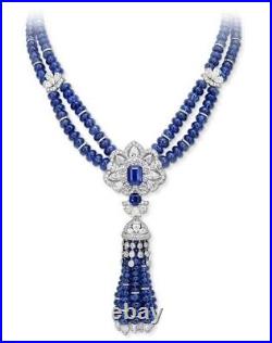 Lab Sapphire Beaded Tassel Necklace 925 Fine Silver Statement Art Deco Jewellery