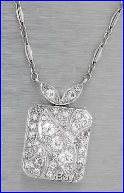 Ladies Antique Art Deco Estate 14K 585 White Gold Diamond Pendant Chain Necklace
